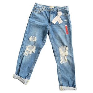NWT- Stradivarius - Organic Mom Fit Vintage Ripped Jean in medium blue - Size 10